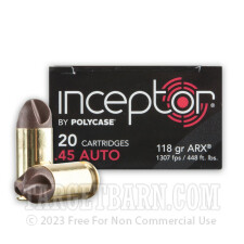 Inceptor 45 ACP Ammunition - 20 Rounds of 118 Grain ARX