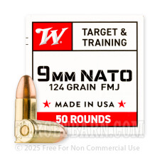 Winchester USA 9mm NATO Ammunition - 50 Rounds of 124 Grain FMJ