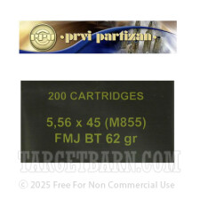 Prvi Partizan 5.56 NATO Ammunition - 200 Rounds of 62 Grain FMJ-BT 