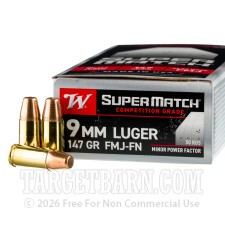 Winchester Super Match Minor Power Factor 9mm Ammunition - 500 Rounds of 147 Grain FMJ FN