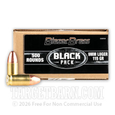 BLAZER BRASS BLACK 9MM LUGER AMMUNITION - 500 ROUNDS OF 115 GRAIN FMJ