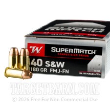 Winchester Super Match Major Power Factor 40 S&W Ammunition - 50 Rounds of 180 Grain FMJ FN
